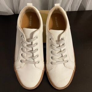 Old Navy White Faux Leather Sneakers - Slip on Faux Lace Up